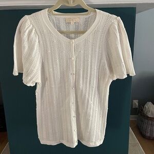 Sezane White Pointelle Short Sleeve Cardigan - L